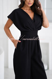 Solid Color V-neck Waist Casual Wide-leg Jumpsuit