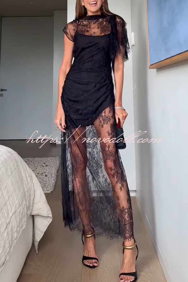 Romantic Statement Lace One Shoulder Bell Sleeve Asymmetrical Maxi Dress