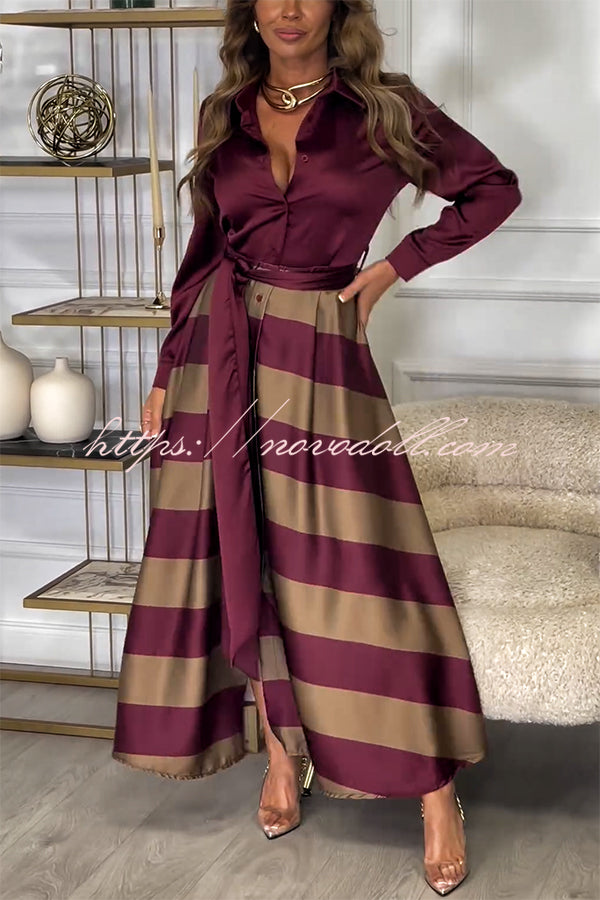 Lindsey Satin Colorblock Contrast Long Sleeve Belted Shirt Maxi Dress