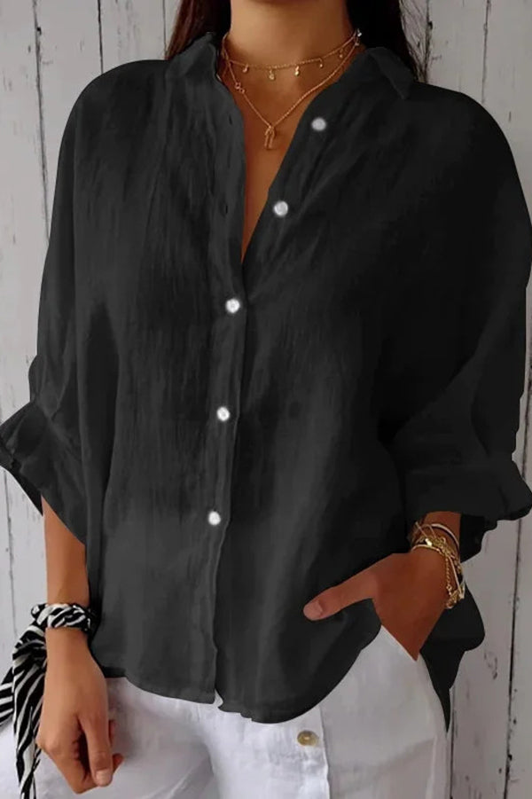 Linen Blend Solid Color Tie Back Loose Shirt Top