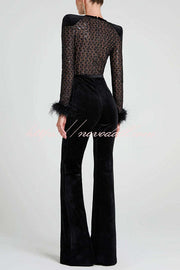 Monique Fish Scale Lace Sequin Velvet Patchwork Feather Trim Belted Stretch Flare Jumpsuit