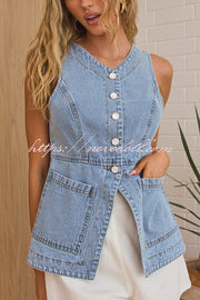 Fashionable Casual Slim Fit Button Pocket Denim Vest