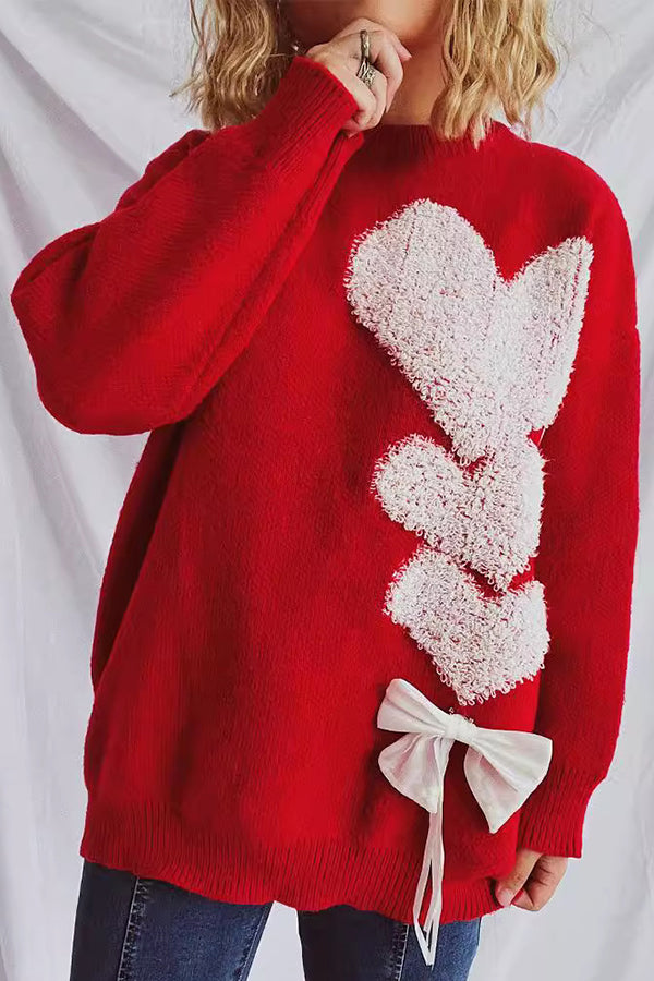 Love Jacquard Loose Cute Bowknitted Long Sleeve Sweater