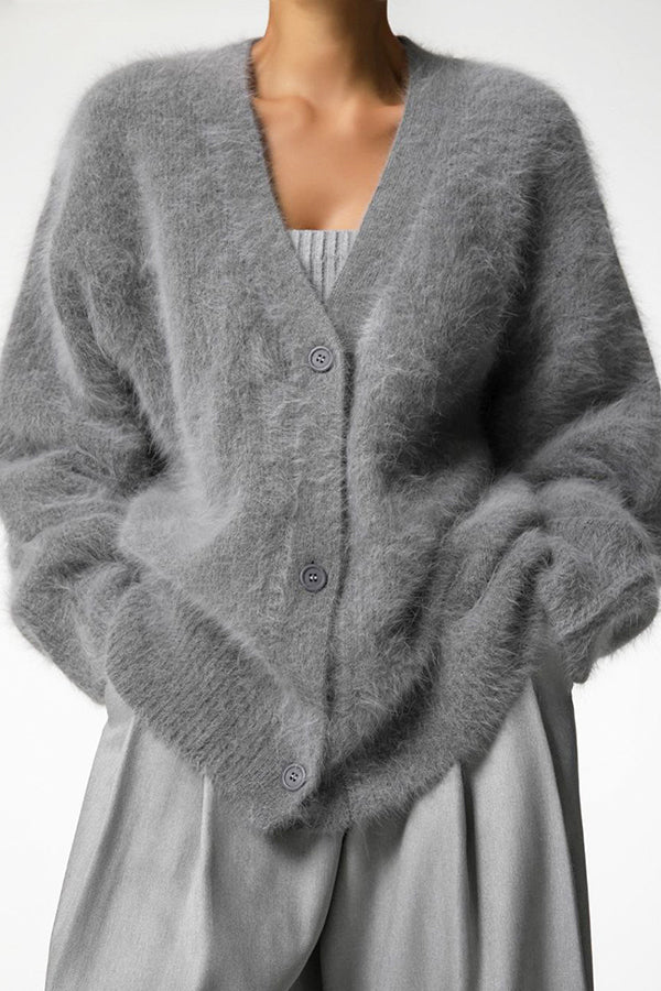 Solid Color Loose V-neck Long-sleeved Lazy Knitted Cardigan