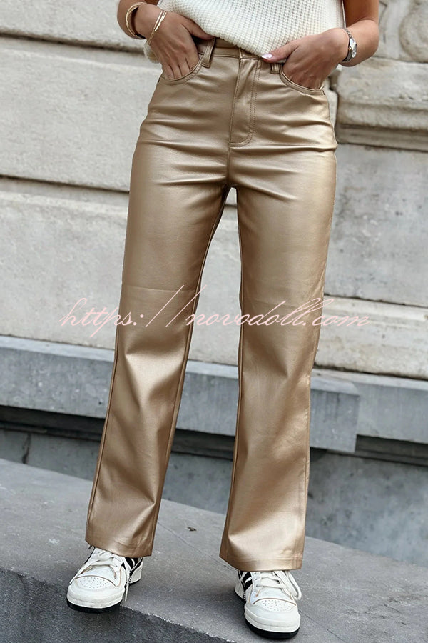 Stylish Metallic Fabric Pocket Casual Straight Wide-Leg Pants