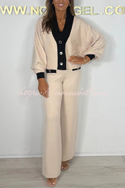 Fashion Contrast Color V-neck Loose Cardigan and Elastic Waist Casual Pants Set