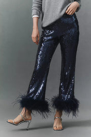 New Year Eve Sequin Feather Trim High Rise Back Zipper Flare Pants