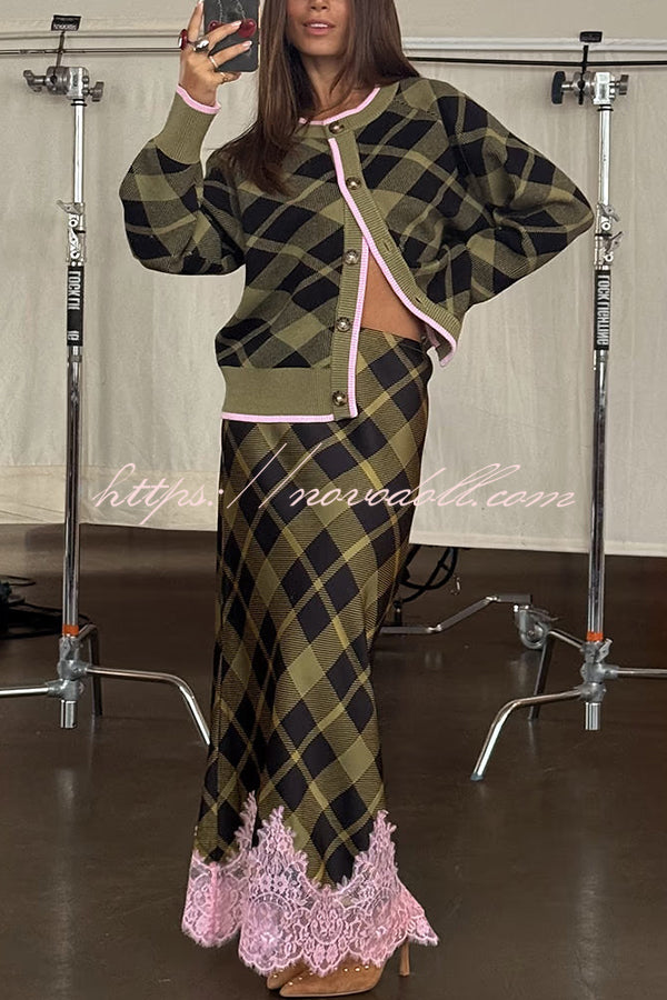 Holiday Plaid Knit Color-blocked Trim Button Long-sleeved Loose Cardigan