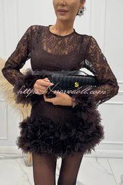 Alyssa Lace Fabric Tulle Layered Petals Trim Long Sleeve Mini Dress