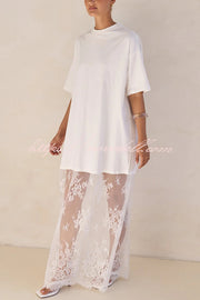 Ophelia Short Sleeve Sheer Floral Lace Hem Oversized T-shirt Maxi Dress