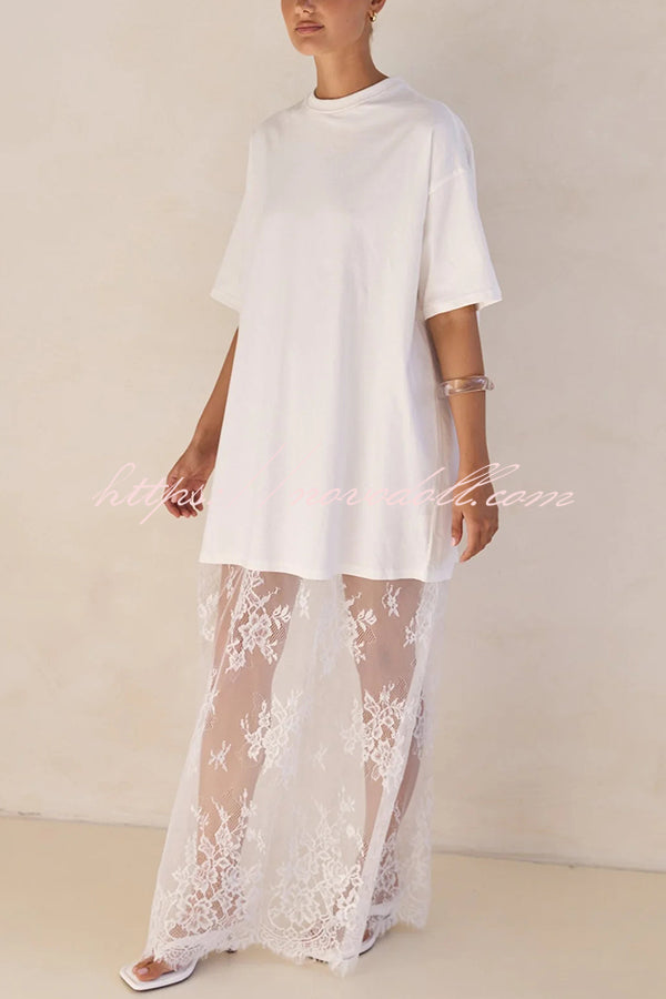 Ophelia Short Sleeve Sheer Floral Lace Hem Oversized T-shirt Maxi Dress