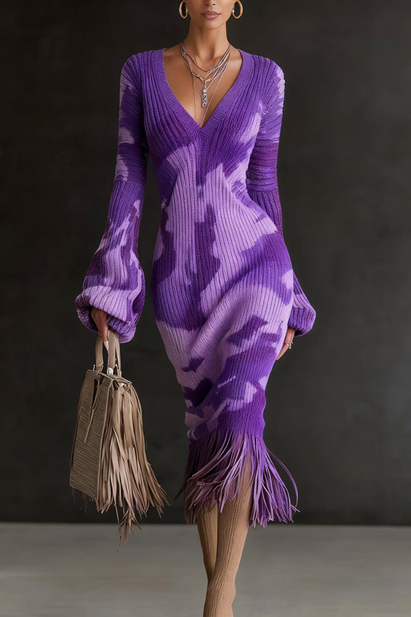 Unique Printed V-neck Long-sleeved Elegant Tassel Hem Midi Dress