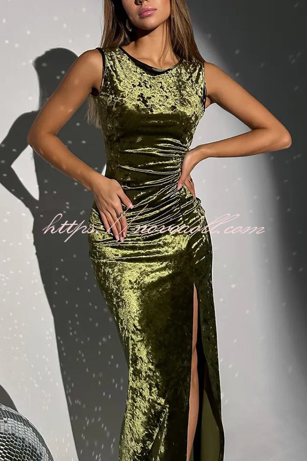 Solid Color Velvet Round Neck Sleeveless Slim Slit Maxi Dress