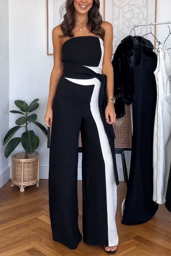 Fashionable for Formal Color Block Tie-up Bandeau Wide Leg Jumpsuit