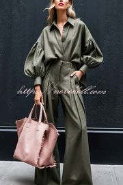 Solid Color Lapel Long-sleeved Loose Shirt and Casual Wide-leg Pants Set