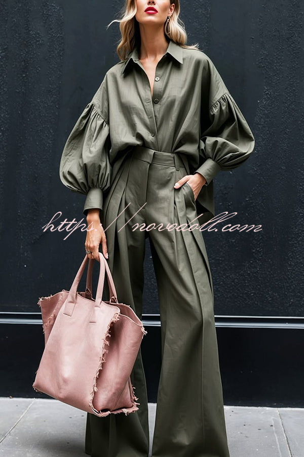Solid Color Lapel Long-sleeved Loose Shirt and Casual Wide-leg Pants Set