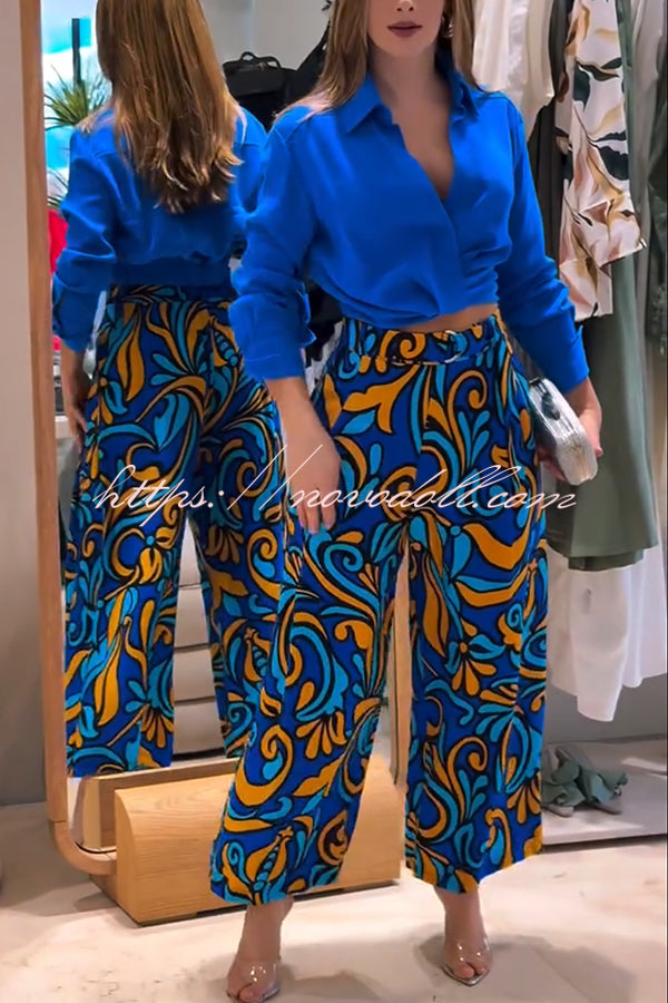 Ocean Heart Linen Blend Printed Ruched Hem Blouse and Belted High Rise Pocket Loose Pants Set