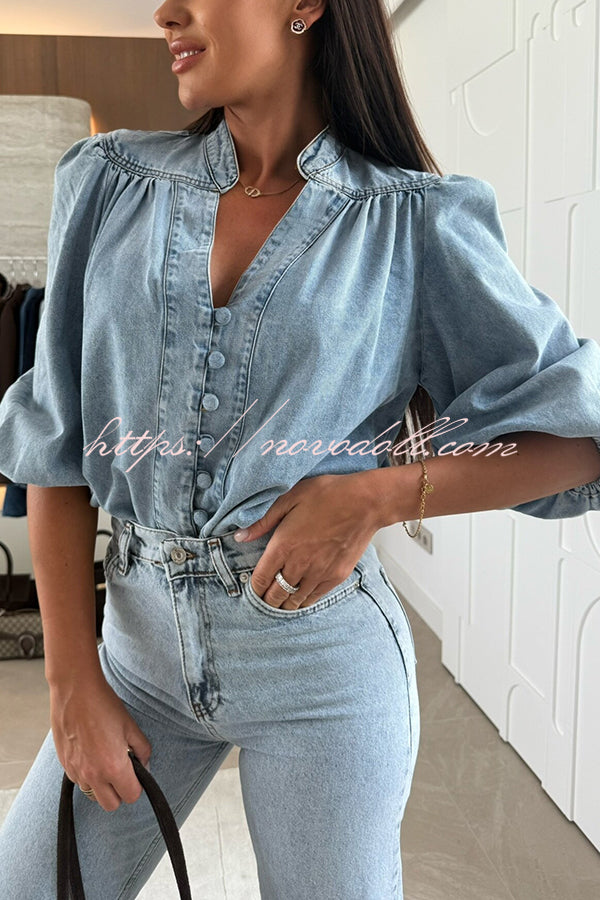 Fashion V-neck Button-down Lantern Sleeve Casual Denim Shirt
