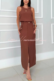 Office Lady Sleeveless Crewneck Top and Metal Button Pocket Slit Midi Skirt Set