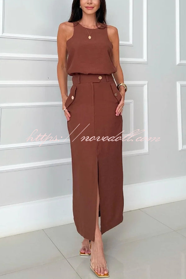 Office Lady Sleeveless Crewneck Top and Metal Button Pocket Slit Midi Skirt Set