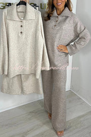 Solid Color Lapel Long-sleeved Loose Top and Elastic Waist Casual Pants Set