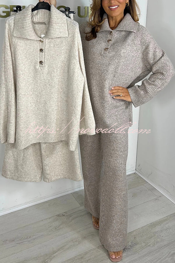 Solid Color Lapel Long-sleeved Loose Top and Elastic Waist Casual Pants Set