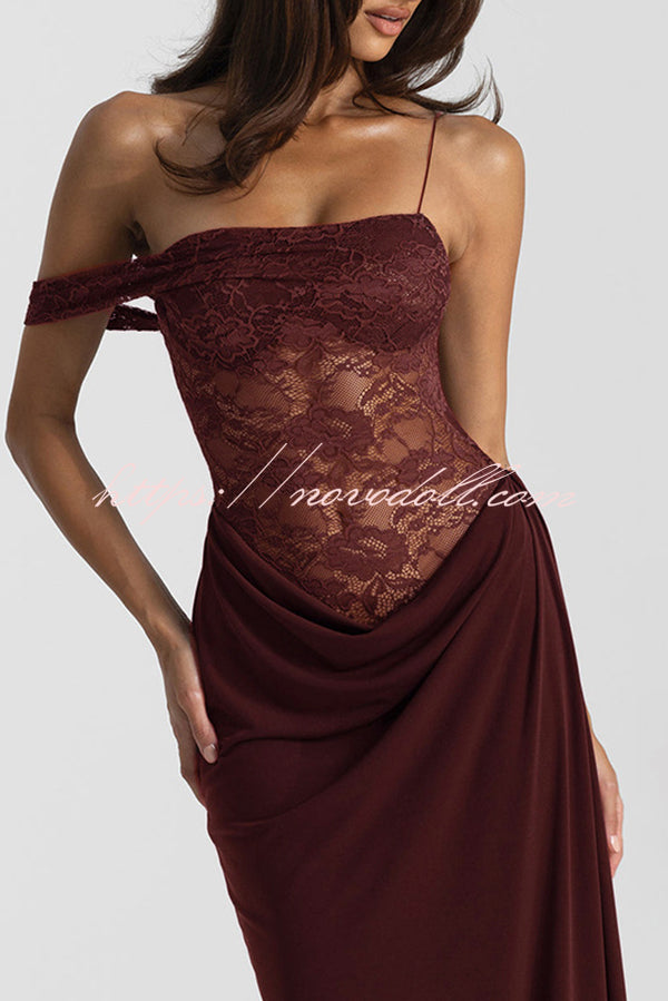 Sexy See-Through Lace Suspender Slim Slit Maxi Dress