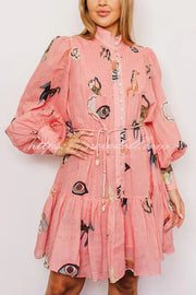 Unique Print Single Breasted Balloon Sleeve Tie Waist Ruffled Mini Dress