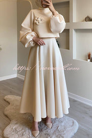 Solid Color Flower-embellished Lantern Sleeve Loose Top and Casual Maxi Skirt Set
