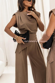 Jordy Ruched Shoulder Slit Top and Elastic Waist Pocketed Wide Leg Pants Set