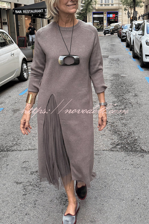 Jollie Knit Long Sleeve Front Slit Midi Sweater and Pleated Tulle Stretch Tank Midi Dress Two-piece Set