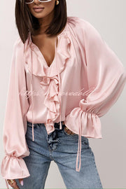 Satin Solid Color V-neck Tie Ruffle Casual Shirt