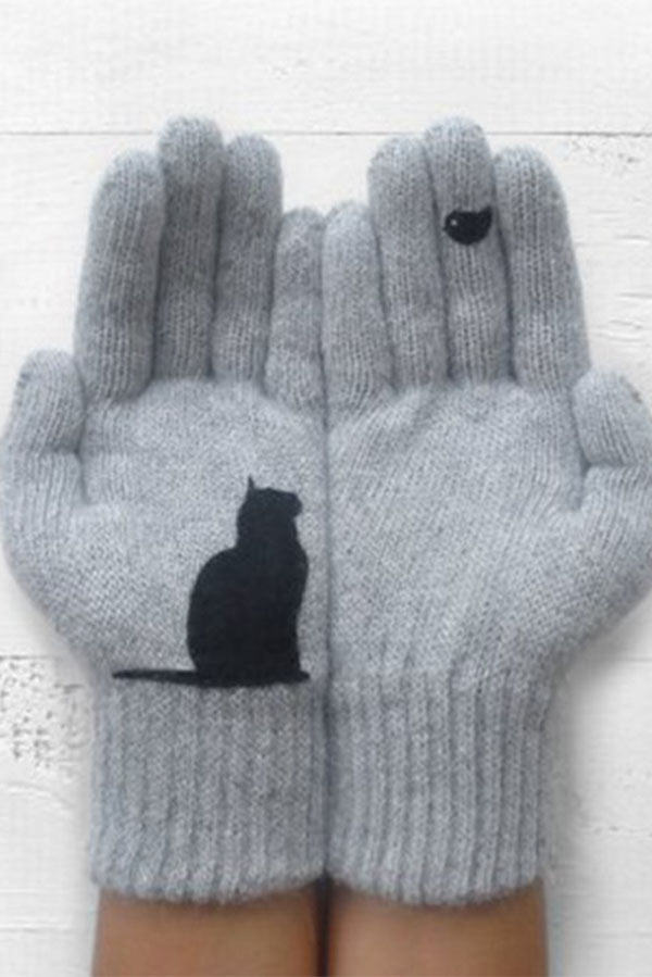 Printed Knitted Gloves Short Thickened Warm Finger Gloves-Cat
