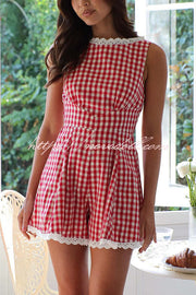 Plaid Print Sleeveless Pleated Waist Casual Rompers