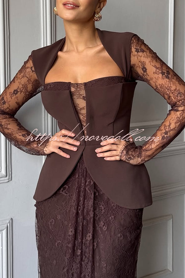 Belle Contrast Sheer Lace Fabric Patchwork Square Neck Long Sleeve Drape Maxi Dress
