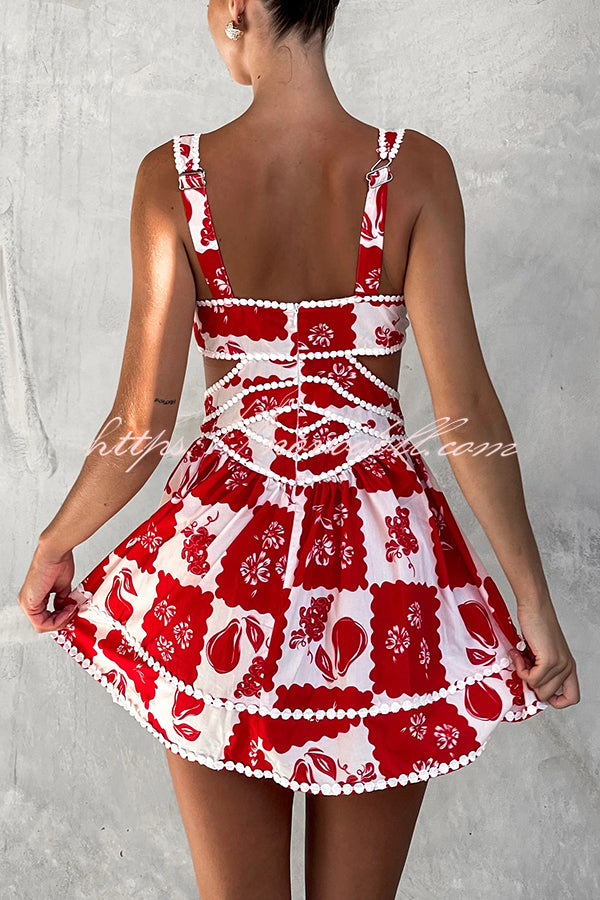 Holiday Colors Ric Rac Trims Unique Print Cutout Round Neck Mini Dress