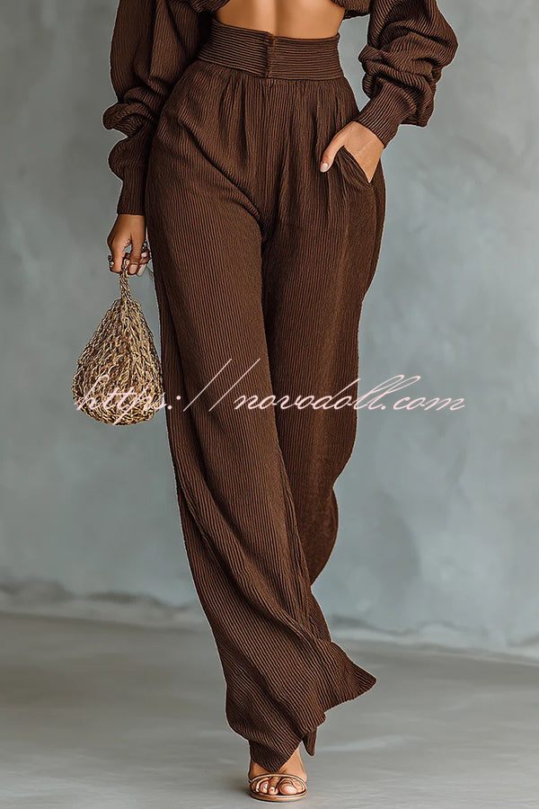 Solid Color Textured Fabric Round Neck Long-sleeved Top + High Waist Casual Pocket Wide-leg Pants Set
