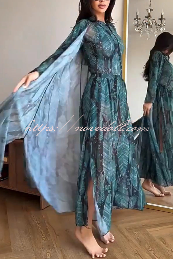 Unique Print One-piece Swimsuit and Cardigan and High Rise Pants Three-piece Set