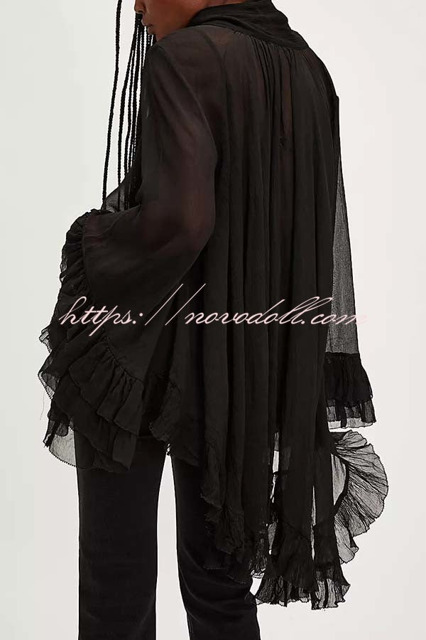 Flowy See-through Ruffle Tie-up Neck Bell Sleeve High-low Hem Cape Shirt