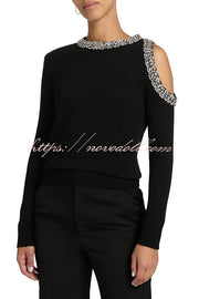 Holiday Party Knit Crystal-Embellished Cut-out Shoulder Long Sleeve Top