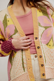 Floral Pattern Loose Long-sleeved Knitted Cardigan