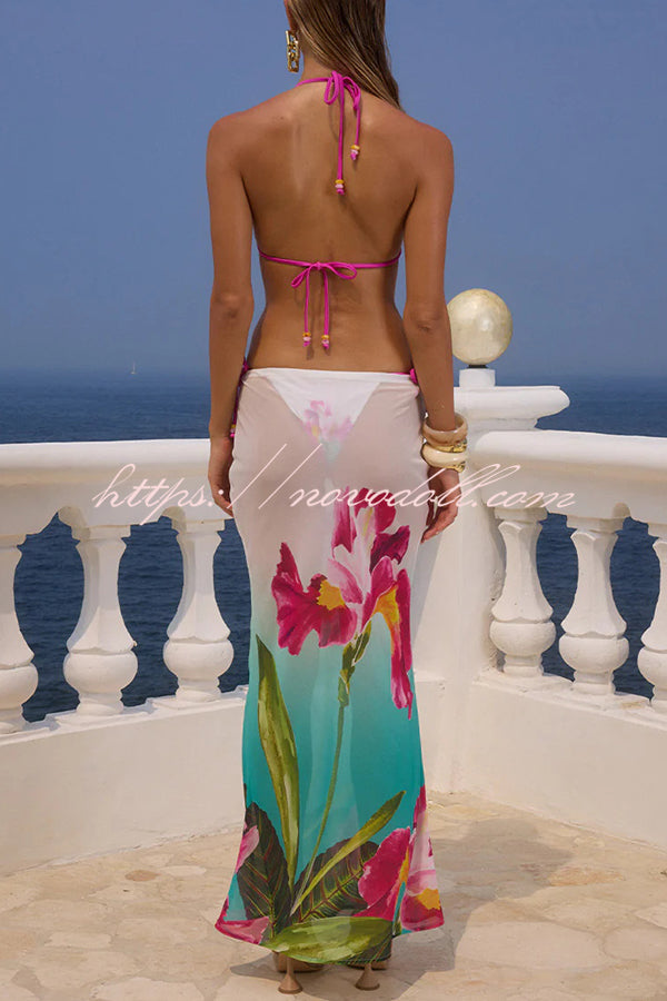 Floral Print Elastic Low Rise Resort Maxi Skirt Cover Up