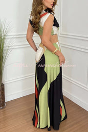 Bettie Printed High Neck Square Buckle Cutout Waist Maxi Dress