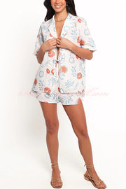 Graffiti Fruit Print Lapel Tie Short Sleeve Top and Elastic Waist Loose Pocket Shorts Set