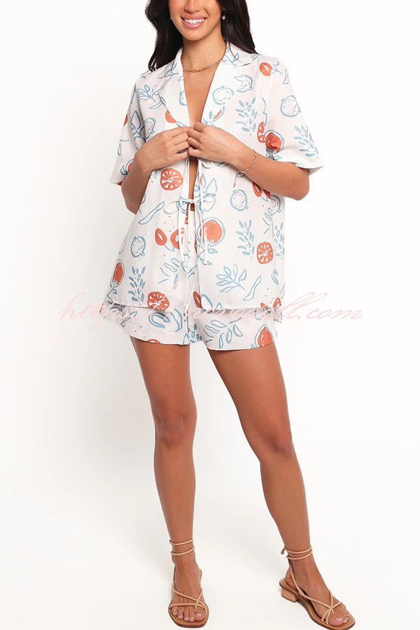 Graffiti Fruit Print Lapel Tie Short Sleeve Top and Elastic Waist Loose Pocket Shorts Set