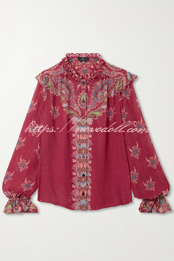 Unique Printed Chiffon Long-sleeved Loose Shirt and Elegant Ruffled Maxi Skirt Set