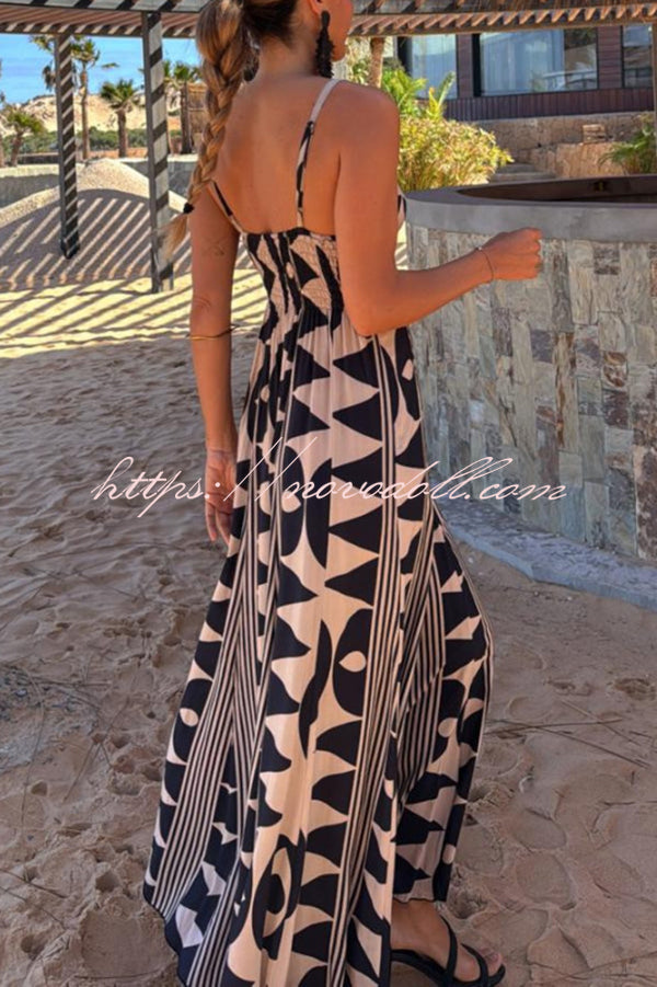Sabine Geometric Print V-Neck Back Smocked A-line Maxi Dress