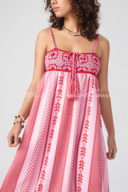 Unique Printed Patchwork Fringed Lace-up Maxi Dress