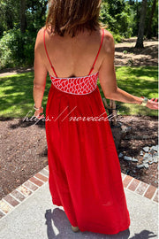 Red Fish Embroidered Sling Backless Maxi Dress