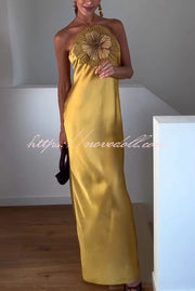 Fashionable Beaded Large Flower Decoration Halter Neck Backless Maxi Dress